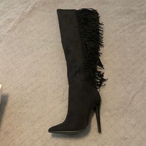 Black suede heeled fringe boots